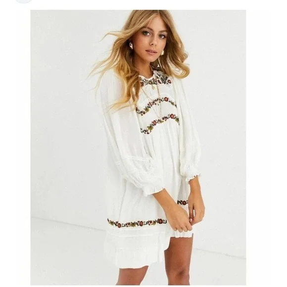 Free People Pasadena Embroidered Mini Dress Long Sleeve Romantic Small - Picture 12 of 12